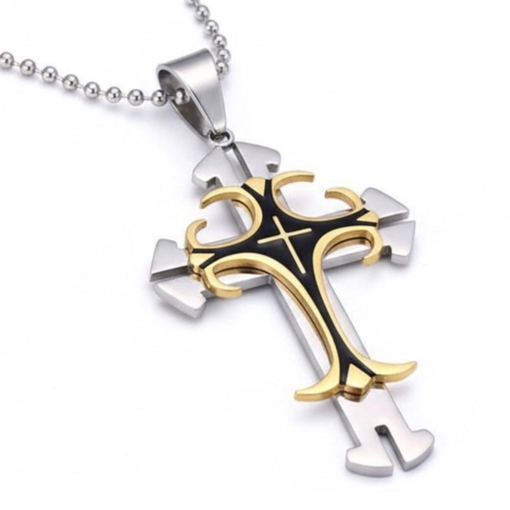 Mens Stainless Steel‎ Silver Tone Cross Pendant Necklace